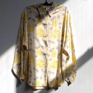 Vintage RODIER Paris Long Button-Up Yellow Rose Floral Silk Blouse sz 40 10